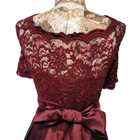 Candalite Formal Burgundy Sheer Lace Sequin Satin Skirt Long Gown Maxi Dress - Picture 7 of 10